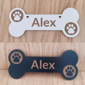 Black and White Dog Bone Wooden Name Plaque