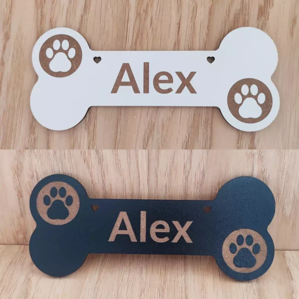 Black and White Dog Bone Wooden Name Plaque